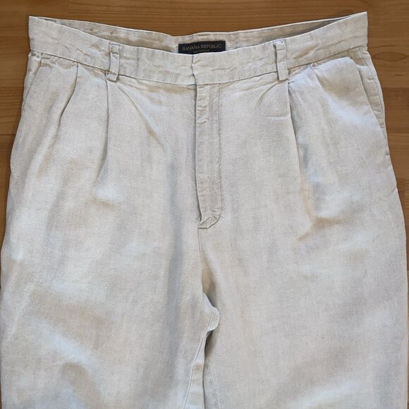 Banana Republic Smithfield Pants Mens 35x30 Beige Pleated Chino 100% Linen - Picture 2 of 10